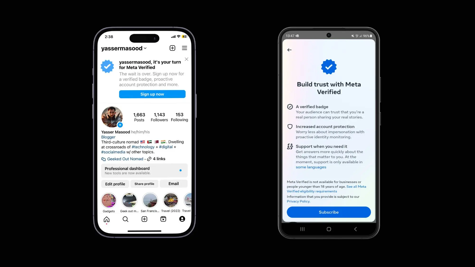 Screenshot on iPhone and Samsung Galaxy S series smartphone showing availability of Meta Verified for Facebook and Instagram
